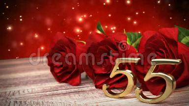 无缝环生日背景与红色玫瑰在木桌上。 第五十五岁生日。 第55次。 3D译文